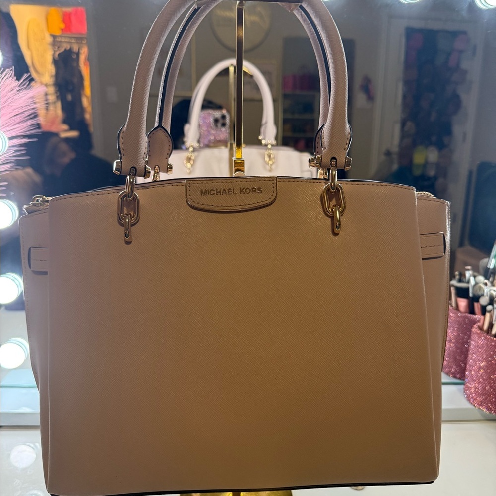 Michael Kors Pale Beige Saffiano Leather Tote with Gold Hardware